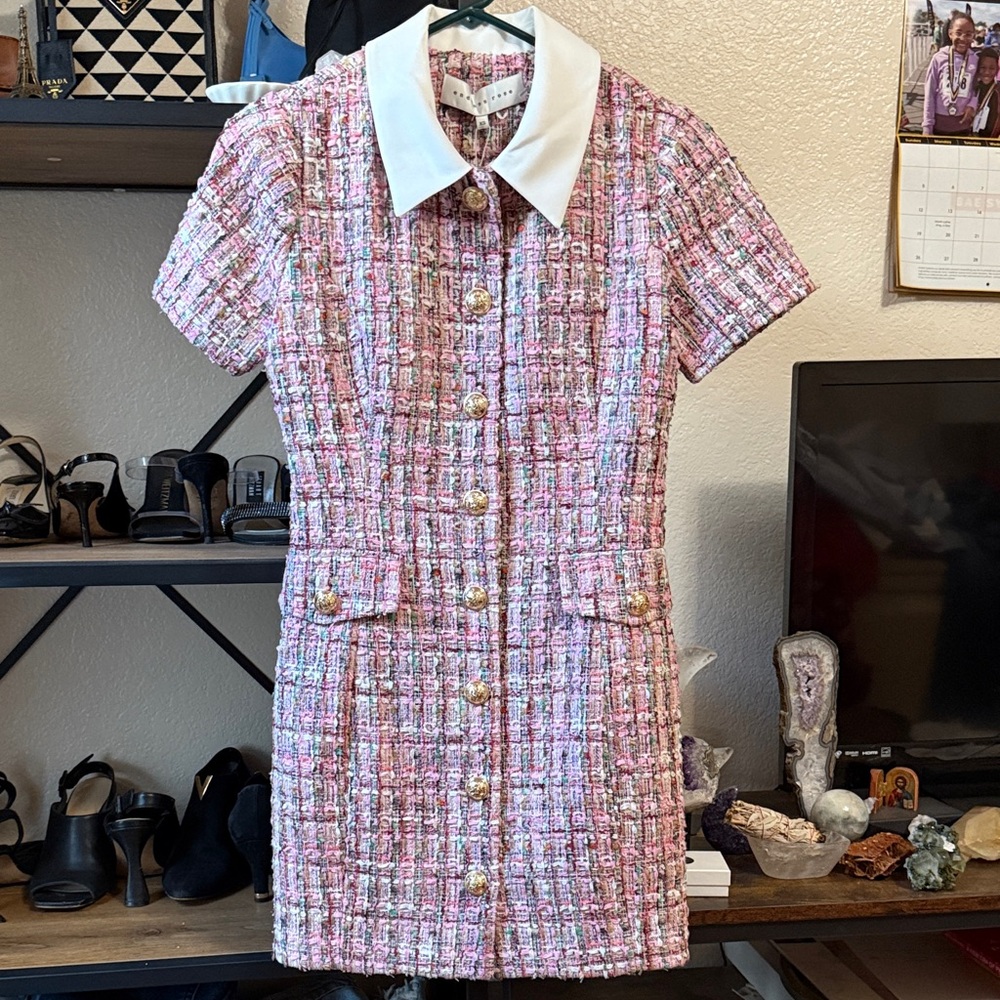 Endless Rose Pink Tweed Dress with Cream Collar